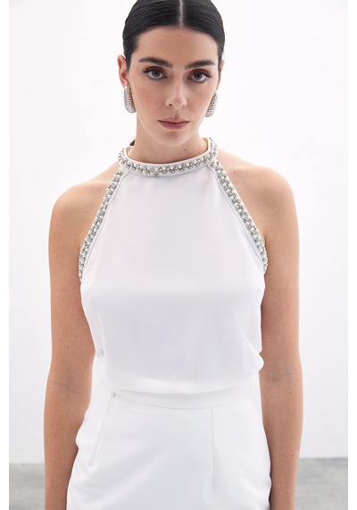 Sateen Aksesuar Detaylı Kolsuz Bluz - Ekru-135767 Ekru
