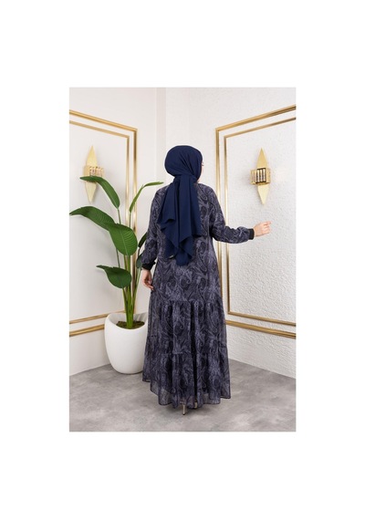Harman Butik Kadın Astarlı Şifon Desenli Elbise Gri