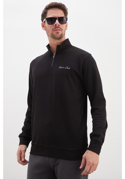 Fullamoda Kaiser Club Baskılı Yarım Fermuarlı Dik Yaka Modal Sweatshirt Siyah