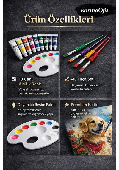 Premium Akrilik Boya Seti 10 Canlı Akrilik Renk Tüp + Resim Paleti + 4 Lü Fırça Seti Beyaz