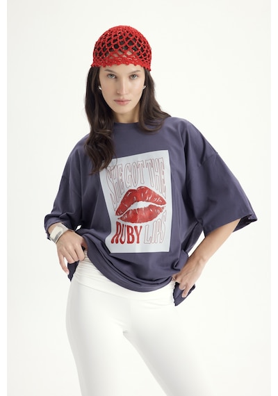 Mai Studios Co. Lip Print Oversize Füme T-shirt Füme