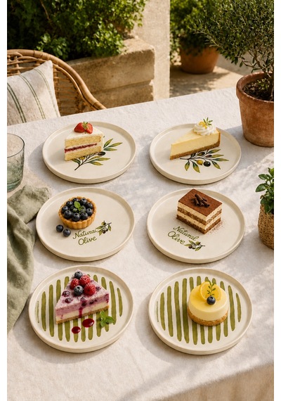 Oliva 6 Lı Stackable Seramik Pasta Tabağı Seti 20 Cm Zeytin Desenli Tatlı Ve Servis Tabağı Beyaz