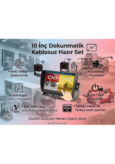 10 İnç Dokunmatik Dvr 2 Adet Kablosuz Kamera Ahd 1080p Monitör Bsd Kör Nokta Sistemli 12 24 V