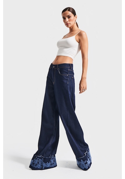 Itsbasic Kadın İndigo Mavi Renk 7w5-50 Palazzo Fit Viskon Kumaş Çiçek Nakışlı Özel Tasarım Denim Jean