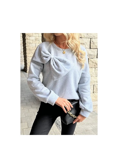 Caddekombin Kadın Büyük Kurdele Detaylı Bisiklet Yaka İçi Yünlü Gri Sweatshirt Gri