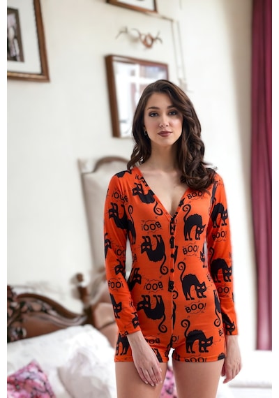 Kadın Giyim Düğmeli Gecelik Kedi Desenli Turuncu Renk Uzun Kol Şortlu Pijama Tulum Turuncu