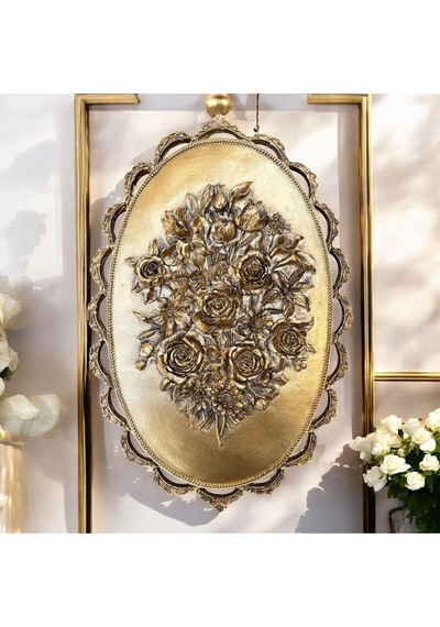 Dekoratif Polyester Pano Çiçek Tablo Gül Gold Eskitme