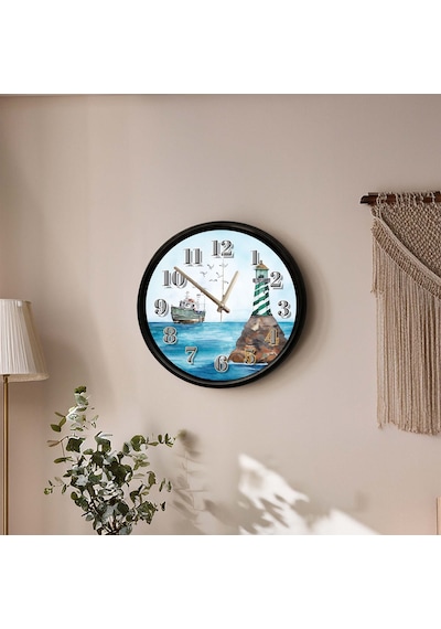 Deniz Feneri Ve Balıkçı Teknesi Temalı Dekoratif Duvar Saati 28 Cm Sessiz Mekanizma Çok Renkli