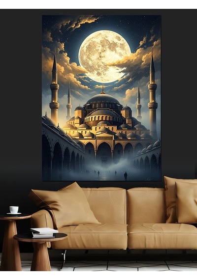 Ahşap Tablo Dolunay Altında Tarihi Camii Silüeti