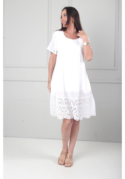 By Saygı Kadın İtalyan Kısa Kollu Eteği Fisto Astarlı Cepli Cotton Midi Elbise Beyaz