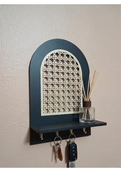 Rattan Rattan Desenli,Anahtar Askılıklı Raflı Duvar Organizeri Siyah