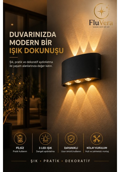 Pilsiz Amber 3 Led Siyah Duvar Apliği Yukarı Aşağı Işık Dekoratif Led Duvar Lambası Modern İç Dış Mekan Siyah