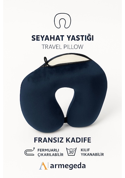 Armegeda Fransız Kadife Seyahat Yastıgı Nar Kırmızısı Yastık Lacivert