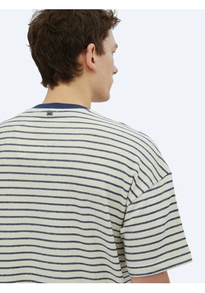 Kip Ekru Çizgili Bisiklet Yaka %100 Pamuk T-shirt Ekru