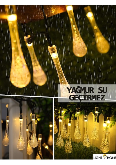 50 Led 7 Metre Sarı Su Damlası Kristal Solar Led Işık Güneş Enerjili Bahçe Teras Balkon Ağaç Lambası Aydınlatma