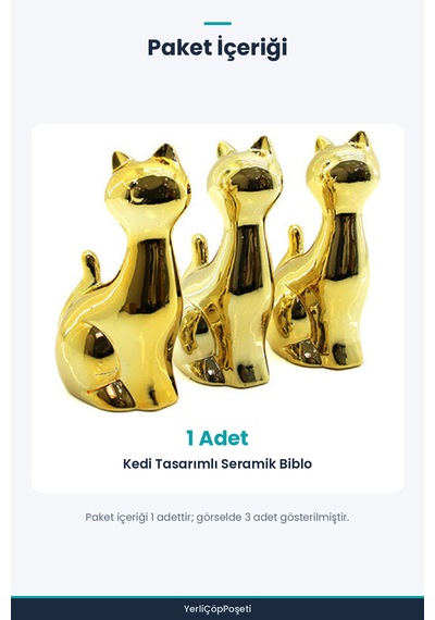 Kedi Tasarımlı Seramik Biblo - Orta Boy - Parlak Altın Standart