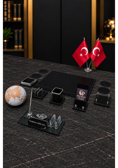 13 Parça Kristal Masa İsimlik Seti Kişiye Özel İsimli Lüks Ofis Sümen Takımı Türk Bayraklı
