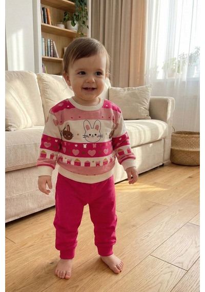 Veramoni Kız Bebek Takım Pamuklu Uzun Kollu Alt Üst Fuşya
