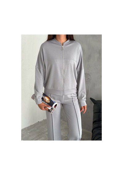 Winmoda34 Kadın Modal Kumaş Kolej Yaka Fermuarlı Cepli Bol Paça Takım Gri