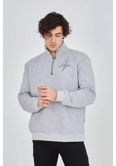 Erkek Yarım Fermuarlı Baskılı Sweat - Gri Gri