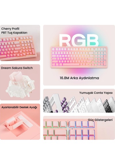 Aula F99 Mekanik Rgb Dream Sakura Switch 3 Modlu Kablosuz Makrolu Hot Swap Klavye Gradyan Pembe