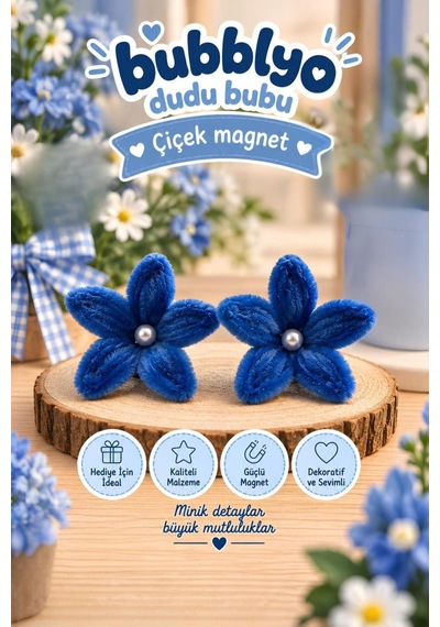 Dudu Bubu 2 Li Çiçekli Buzdolabı Magneti Lacivert