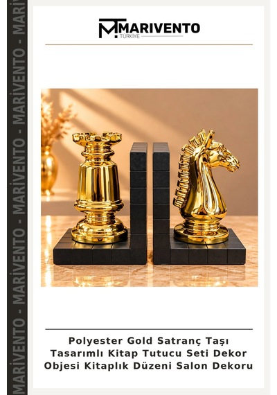 Polyester Gold Satranç Taşı Tasarımlı Kitap Tutucu Seti Dekor Objesi Kitaplık Düzeni Salon Dekoru