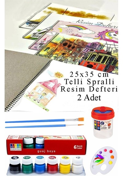 6 Renk Guaj Boya Südor 25x35 Cm Telli Spralli Resim Defteri Palet Resim Fırçası 15 Yaprak Guajboya Resim Defteri Çok Renkli