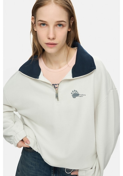 Ucla Yoko Kemik Rengi Fermuarlı Baskılı Oversize Fit Kadın Sweatshirt Kemik Rengi