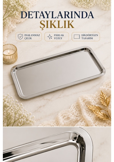 Premium Paslanmaz Çelik Sunum Tepsisi 33x18 Cm Şık Dikdörtgen Çay Kahve Servis Tepsisi Gümüş