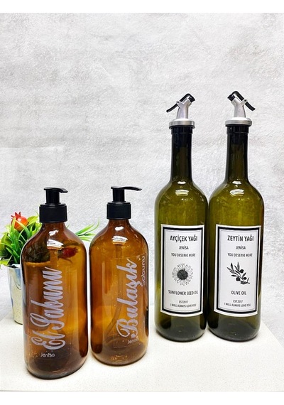 2'li 750ml Akıtıcılı Etiketli Yağdanlık 2'li 500ml Amber Pompelı