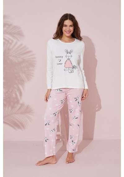 Siyah İnci Pamuklu Örme Pijama Takım 24241093 Ekru
