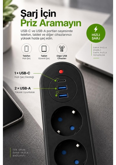 Robeve Blic Termal Akım Korumalı 3 Lü Priz 2500w 1 Usb-c + 2 Us