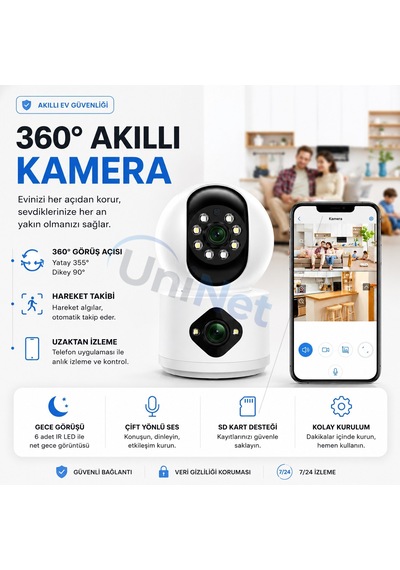 Uninet 5mp Ultra Hd Çift Lensli Wifi Iç Mekân Güvenlik Kamerası Akıllı Hareket Algılama, Gece Görüşü Ve Uzaktan Izleme 355 Derece Dönebilen Ptz Kamera