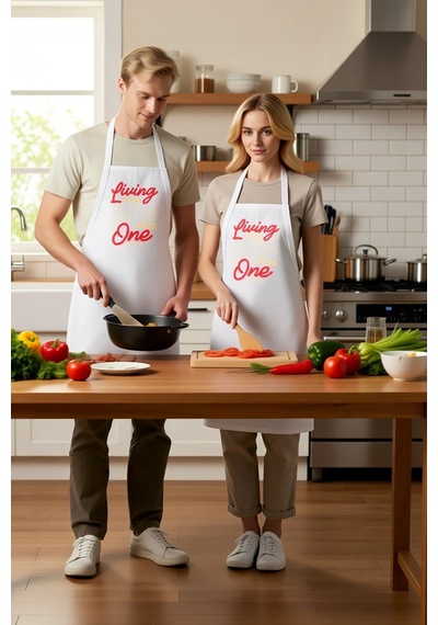 Unisex Mutfak Aşçı Önlüğü Retro Tipografi Baskılı Yaşamak Yemek F Beyaz