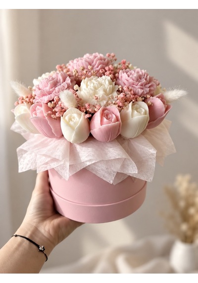 Pastel Gül Mum Buketi Krem Silindir Kutulu Pembe