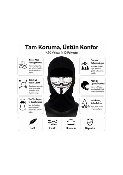 Womanandkids Wak Unisex Anonymous Baskılı Balaklava 1 Adet Tek Beden Viskoz Kask İçi Motosiklet Maskesi Siyah