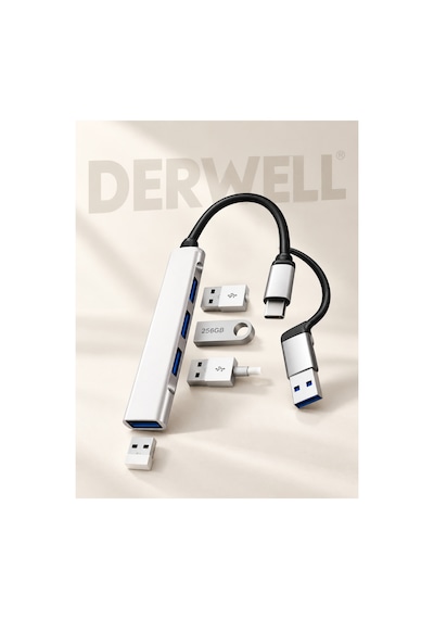 Yeni 2026 Çift Girişli Usb Hub Çoklayıcı 4 Portlu Type-c Ve Usb A 3.0 Dönüştürücü Adaptör Laptop Pc Telefon Tablet Uyumlu Tak Çalıştır Klavye Mouse Harddisk Kart Okuyucu Yazıcı Bağlantı Aparatı Gri