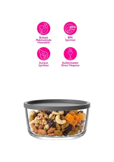 Lav Round Cam Saklama Kabı Tekli Küçük Boy 380 ml Yuvarlak Gri Plastik Kapaklı (Kahvaltılık )