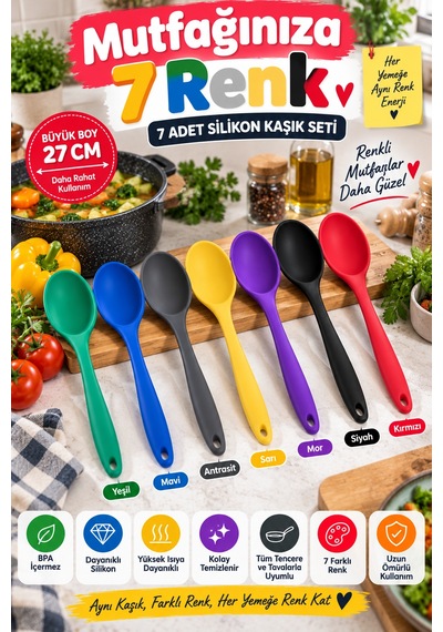 7'li Set Büyük Boy Silikon Kaşık 27 Cm Renkli Yanmaz Mutfak Yemek Pişirme Ve Servis Kaşığı Seti