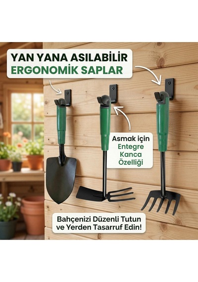 Çapa Tırmık Kürek 3 Lü Set Metal Hobi Bahçe El Aletleri Saksı, Çiçek, Bitki Ve Toprak Kazma Seti