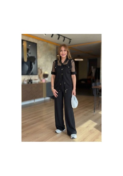 Butik İstanbul Kadın Kısa Kollu Yakalı Onu Düğmeli File Detaylı Modal Ceket Ve Pantolon Ikili Tanım Siyah Butik İstanbul Kadın Kısa Kollu Yakalı Onu Düğmeli File Detaylı Modal Ceket Ve Pantolon Ikili Tanım Siyah