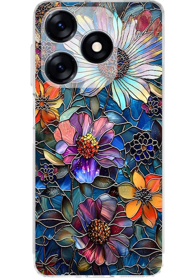 Printify Tecno Spark 10c İle Uyumlu Vitray Mücevher Flora Tasarımlı Şeffaf Silikon Kılıf Şeffaf