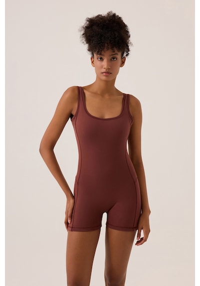 Los Ojos X Ece Bordo Kare Yaka Askılı Kısa Spor Tulum Unitard Bordo Bordo