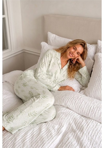 Kadın Bürümcük Tam Boy Çağla Yeşili Pijama Takımı
