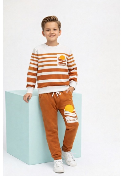 Veramoni Summer Baskılı Uzun Kollu Cepli Unisex Çocuk Alt Üst Takım Kahverengi