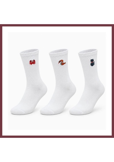 Storeşahin Unisex Çorap Beyaz Hayvan Nakışlı 3'lü Set Yengeç Yılan Kedi Desenli Uzun Soket Günlük Spor Çorabı Shn0720