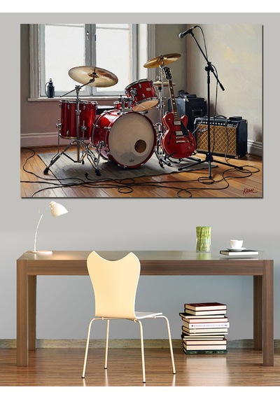 Kırmızı Bateri Seti Ve Müzik Dekoratif Kanvas - Mdf Ahşap Tablo