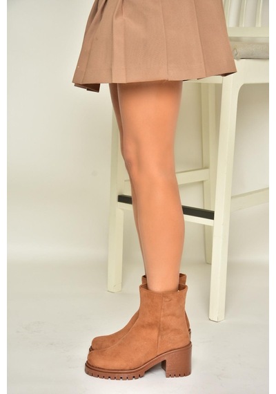 Fox Shoes T726911102 Taba Süet Kalın Topuklu Kadın Bot Taba
