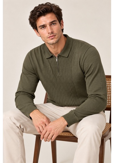 Cool Tarz Erkek Polo Yaka Yarım Fermuarlı Önü Fitilli Slim Fit Akrilik Pamuk Triko Kazak Haki Haki